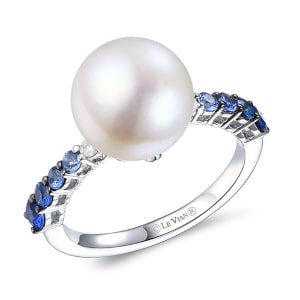 A pearl ring with blue gemstone accents along the shank, crafted in Le Vian&rsquo;s vanilla gold.